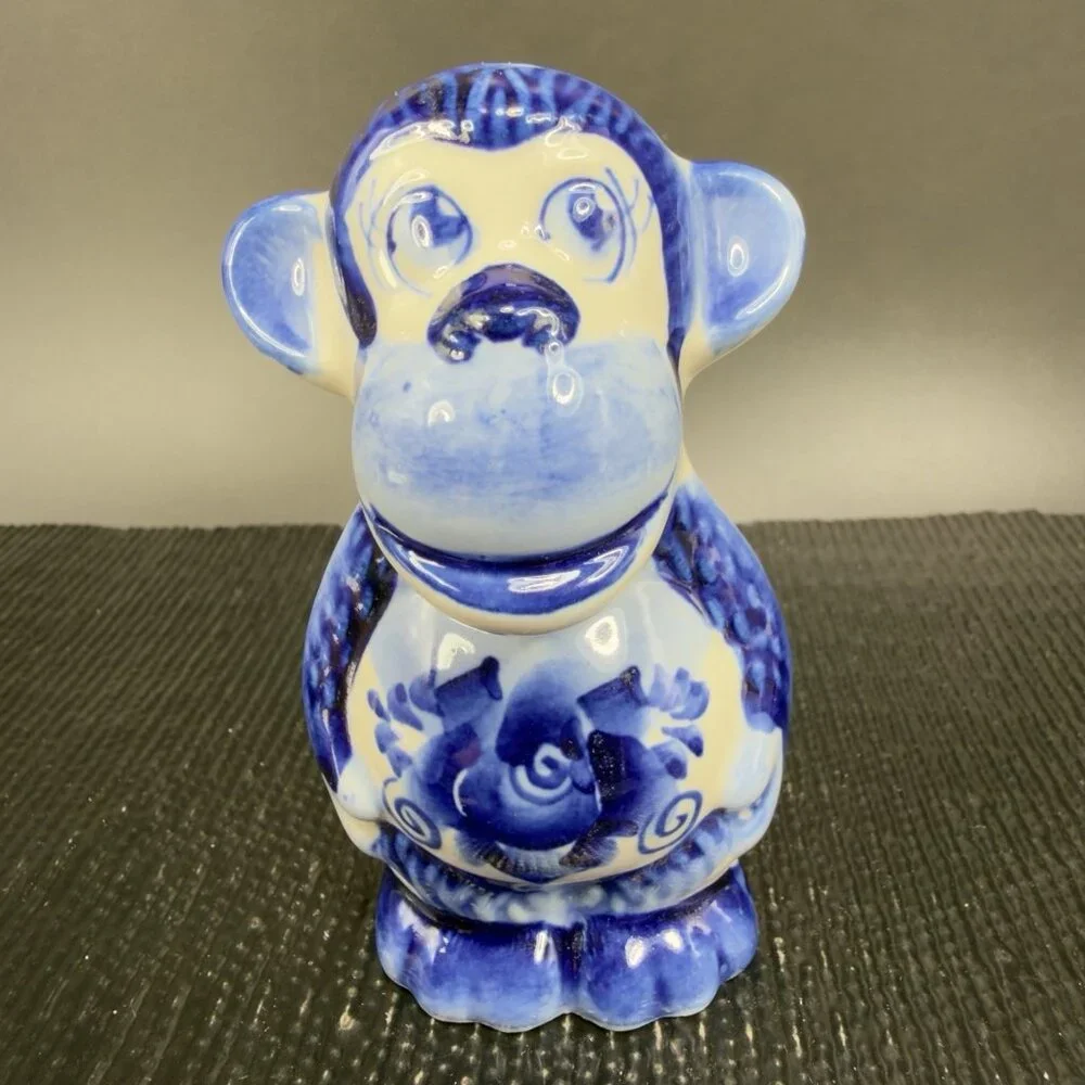 Handmade Gzhel Russian‎ Porcelain Small Monkey Figurine Had Painted Cobalt Blue